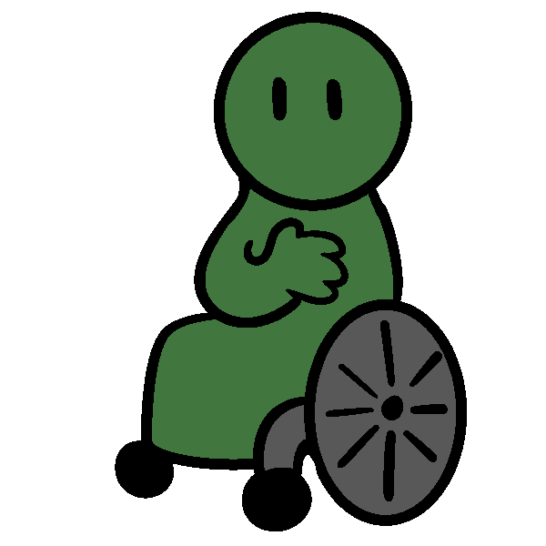 A green figure in a gray wheelchair, with one hand on their chest.